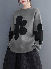 Casual Long Sleeves Loose Contrast Color Jacquard Round-Neck Pullovers