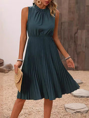 Elasticity Pleated Solid Color Split-Joint A-line Loose Mock Neck Midi Dresses