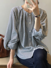Trendy Tops Three-Quarter Sleeves Batwing Sleeves Striped Round-Neck Blouses