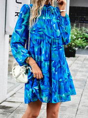 Printed Split-Joint Tied A-Line High Waisted Mock Neck Mini Dresses