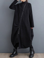 Asymmetric Pleated Polka-Dot Split-Joint Zipper Long Sleeves Loose High-neck Outerwear Midi Dresses