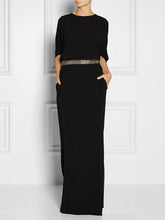 Half Sleeves Loose Rhine Stones Split-Joint Round-Neck Maxi Dresses