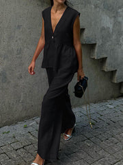 Loose Split-Joint Sleeveless Pleated V-neck Vest + Pants Trousers Two Pieces Set
