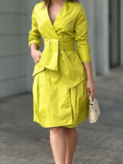 Solid Color Tied Waist Long Sleeves Deep V-Neck Mini Dresses