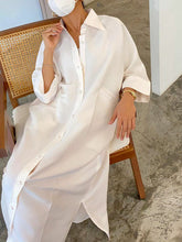 Buttoned Pockets Solid Color Split-Side Long Sleeves Loose Lapel Shirt Dress Maxi Dresses