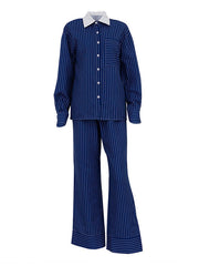 Striped Lapel Long Sleeves Loose Buttoned Pockets Split-Joint Blouses Tops + Pants Bottom Two Pieces Set