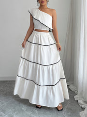 Elasticity Sleeveless Pleated One-Shoulder Vest Top + A-Line Skirts Bottom Two Pieces Set