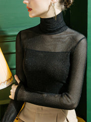 See-Through Sequined Solid Color Split-Joint Long Sleeves Plus Size High Neck T-Shirts Tops