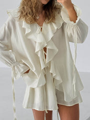 V-Neck Long Sleeves Loose Ruffle Trim Solid Color Tied Blouses&Shirts Tops + Elasticity Shorts Bottom Two Pieces Set