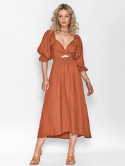Original A-Line Loose Hollow Solid Color V-Neck Midi Dresses