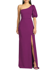 Solid Color Split-Side Puff Sleeves One-Shoulder Maxi Dresses