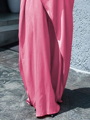 Loose Short Sleeves Asymmetric Pleated Solid Color Split-Joint V-Neck Maxi Dresses Shirt Dress