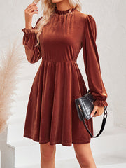 Hollow Ruffled Solid Color Velvet A-Line High Waisted Mock Neck Mini Dresses