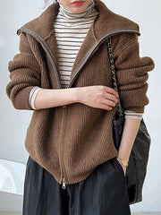 Solid Color Zipper Long Sleeves Loose Lapel Cardigan Tops