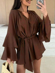 Lace-Up Pleated Solid Color Split-Joint Tiered Flared Sleeves Loose Round-neck Mini Dresses