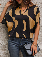 Printed Split-Joint Batwing Sleeves Loose V-Neck Blouses&Shirts Tops