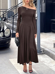 Pleated Solid Color Split-Front High Waisted Long Sleeves One-Shoulder Maxi Dresses