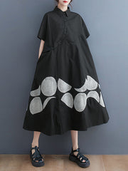 A-Line Oversize Ethnic Printed Contrast Color Printed Split-Joint Lapel Midi Dresses Shirt Dress
