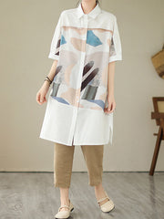 Printed Split-Joint Split-Side Loose Short Sleeves Lapel Midi Dresses