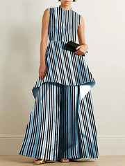 Split-Joint Striped High Waisted Loose Round-Neck Jumpsuits