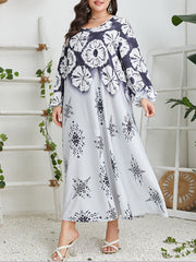 Contrast Color Flower Print Muslim Long Sleeves Loose Round-Neck Midi Dresses