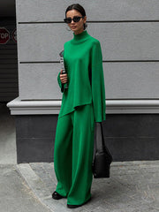 Casual Solid Color Irregularity High-Neck Sweater& Wide Leg Pants Suits