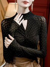 Hollow Knot Polka-Dot Rhine Stones Split-Joint Long Sleeves Plus Size Mock Neck T-Shirts Tops