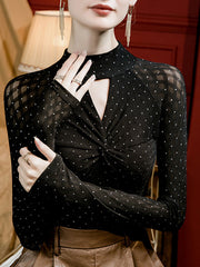 Hollow Knot Polka-Dot Rhine Stones Split-Joint Long Sleeves Plus Size Mock Neck T-Shirts Tops