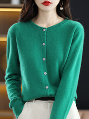 Buttoned Elasticity Long Sleeves Round-Neck Knitwear Cardigan Tops