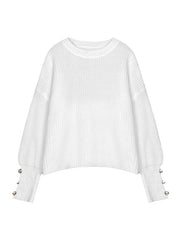 Buttoned Solid Color Split-Joint Long Sleeves Loose Round-Neck Sweater Tops Pullovers