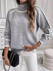 Contrast Color Split-Joint Long Sleeves Loose High Neck Sweater Tops