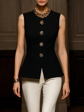 Sleeveless Buttoned Solid Color Round-Neck Vest Top