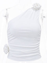 Asymmetric Pleated Solid Color Three-Dimensional Flower Skinny Sleeveless One-Shoulder Vest Top