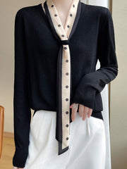 Polka-Dot Ribbon Long Sleeves Loose V-Neck Sweater Tops Pullovers