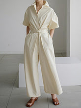 Solid Color Tied Waist Half Sleeves Loose Lapel Jumpsuits