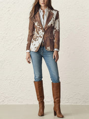 Buttoned Contrast Color Pockets Printed Split-Back Long Sleeves Notched Collar Outerwear Blazer