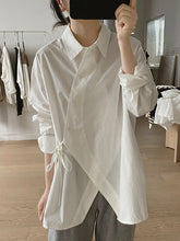 Lace-Up Solid Color Irregular Clipping Long Sleeves Lapel Blouses