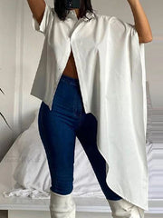 Asymmetric Buttoned Solid Color Half Sleeves Loose Mock Neck Blouses&Shirts Tops