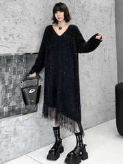 Contrast Color Sequined Shiny Split-Joint Tasseled Irregularity Long Sleeves V-Neck Sweater Dresses Midi Dresses