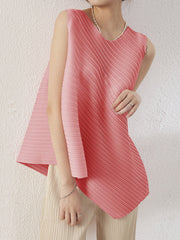 Simple Loose Sleeveless Pleated Asymmetric Solid Color Round-Neck Vest Top