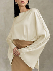 Solid Color Split-Joint Tied Flared Sleeves Long Sleeves Round-neck T-Shirts Tops