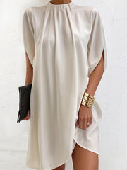 Loose Short Sleeves Solid Color Stand Collar Mini Dresses