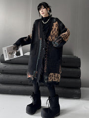 Asymmetric Buttoned Contrast Color Leopard Pockets Split-Joint Hipster Long Sleeves V-Neck Cardigan Tops