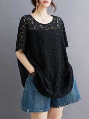 Hollow Solid Color Split-Back Split-Joint Loose Plus Size Round-Neck T-Shirts Tops