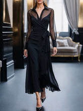 Buttoned Pleated Solid Color Split-Joint Tied Waist Long Sleeves Loose Lapel Maxi Dresses