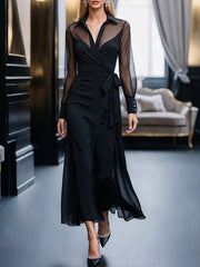 Buttoned Pleated Solid Color Split-Joint Tied Waist Long Sleeves Loose Lapel Maxi Dresses