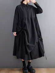 Buttoned Pleated Pockets Solid Color Tied A-Line Long Sleeves Lapel Shirt Dress Midi Dresses