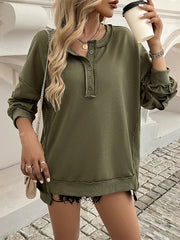 Buttoned Solid Color Split-Joint Long Sleeves Loose Round-Neck Sweatshirt Tops