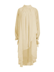 Pleated See-Through Solid Color Tied High-Low Long Sleeves High Neck Blouses&Shirts Tops