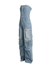 Buttoned Hollow Pockets Wide Leg High Waisted Sleeveless Tube Jumpsuits